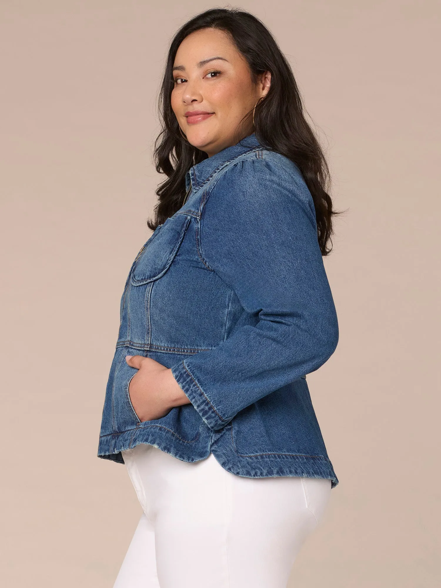 Long Sleeve Zip Front Curved Peplum Hem Plus Size Denim Jacket,Women Clothing