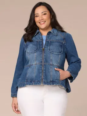 Long Sleeve Zip Front Curved Peplum Hem Plus Size Denim Jacket,Women Clothing