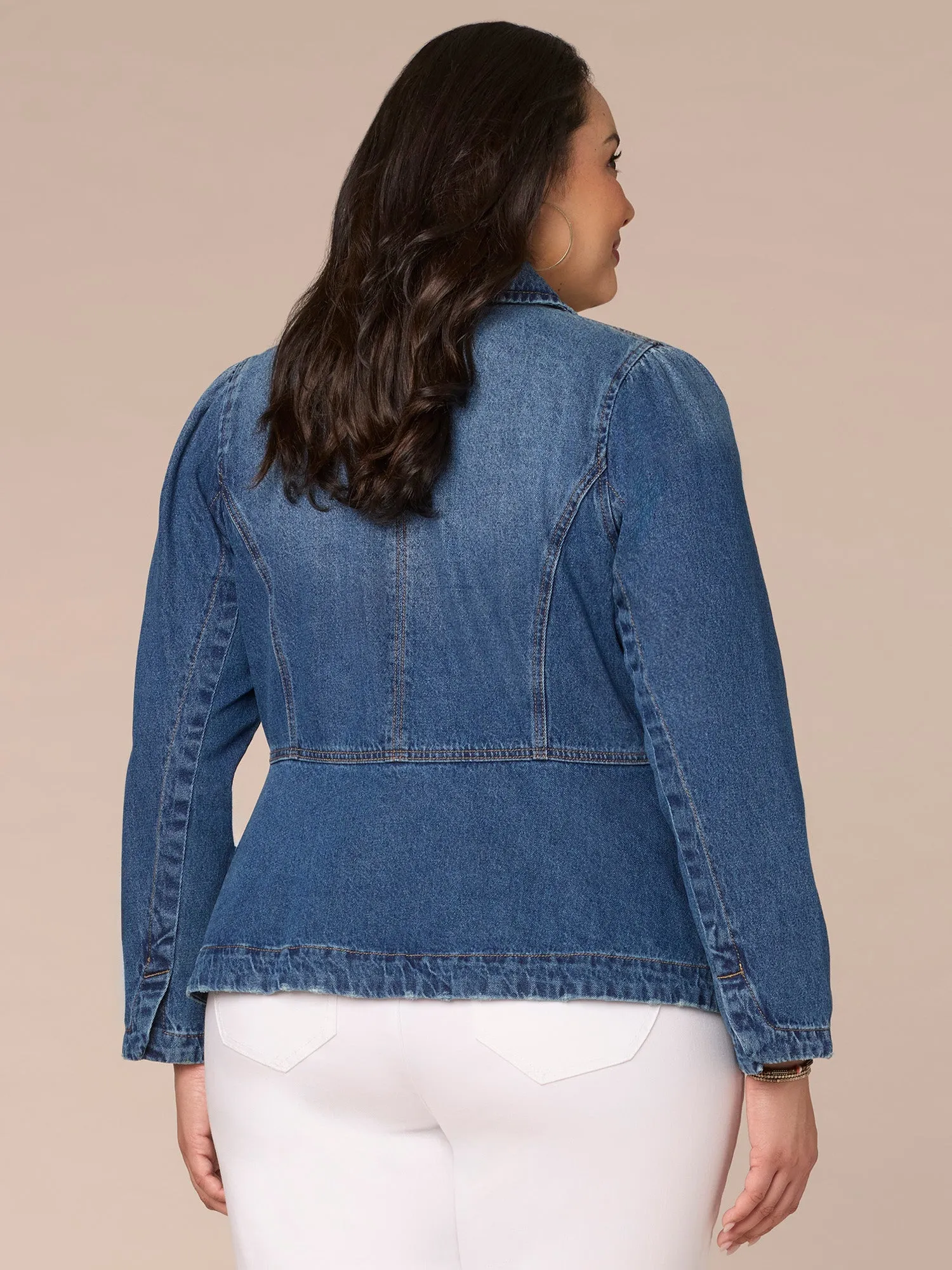 Long Sleeve Zip Front Curved Peplum Hem Plus Size Denim Jacket,Women Clothing