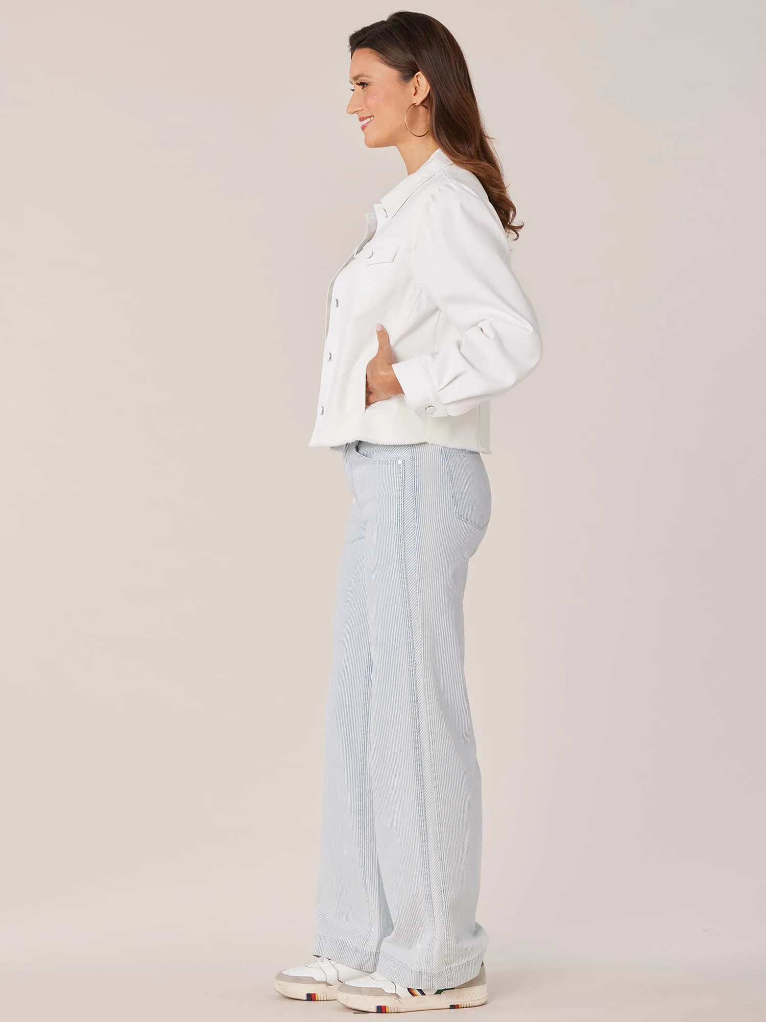 Puff Sleeve Button Front Fray Hem Denim Jacket,Women Clothing