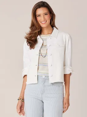 Puff Sleeve Button Front Fray Hem Denim Jacket,Women Clothing
