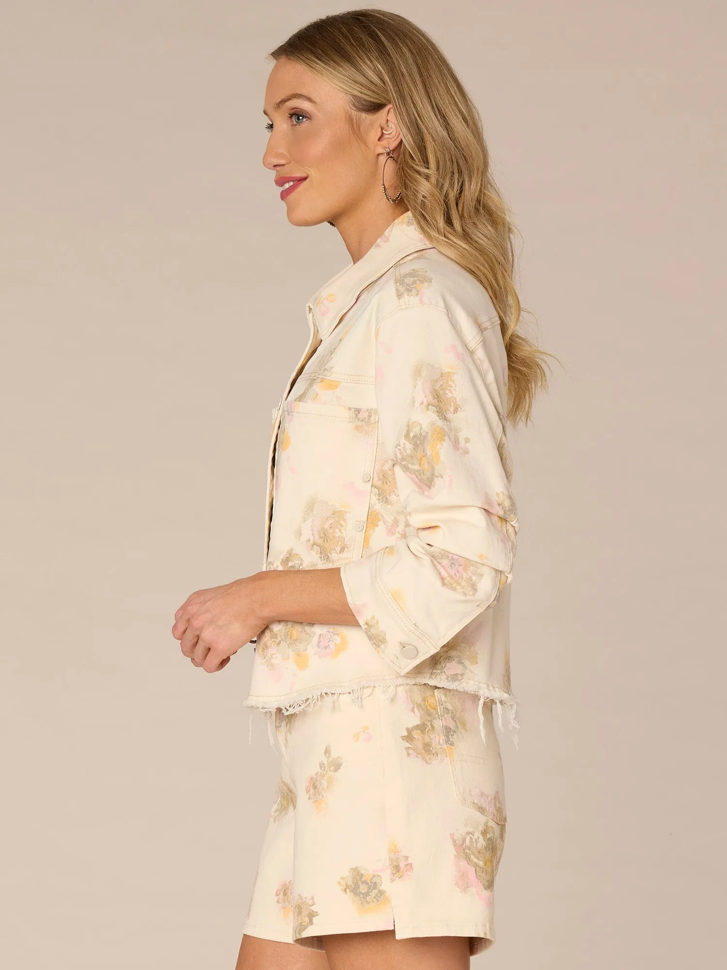 Ruched Sleeve Button Down Curved Raw Hem Floral Woven Jacket,Women Clothing
