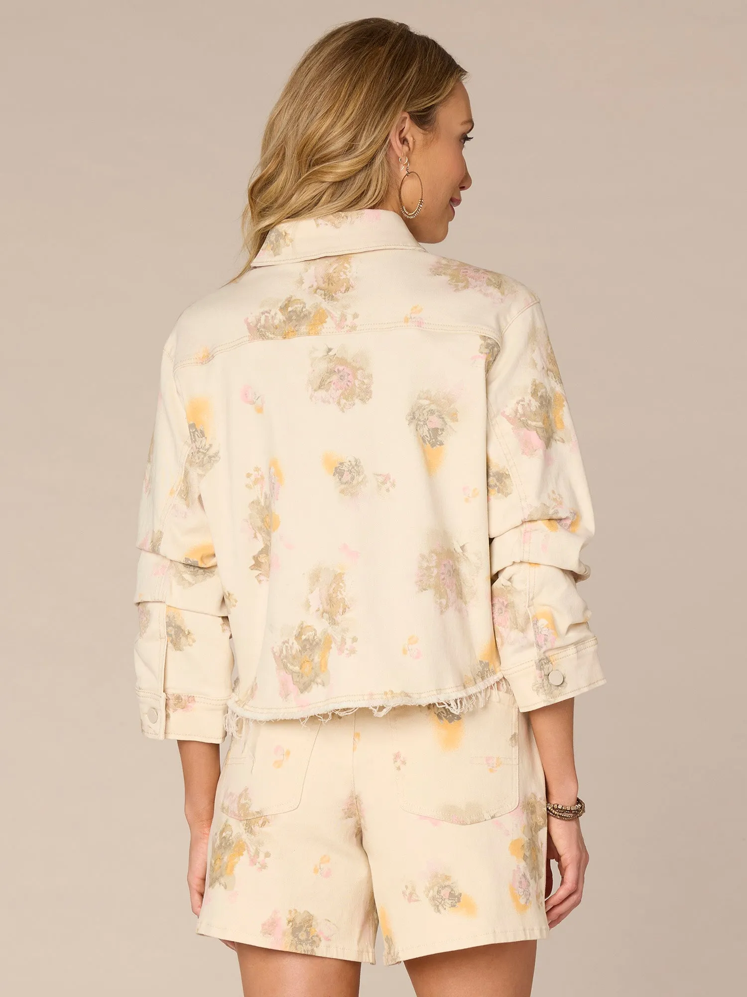 Ruched Sleeve Button Down Curved Raw Hem Floral Woven Jacket,Women Clothing