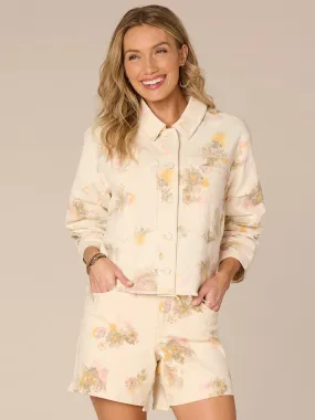 Ruched Sleeve Button Down Curved Raw Hem Floral Woven Jacket,Women Clothing