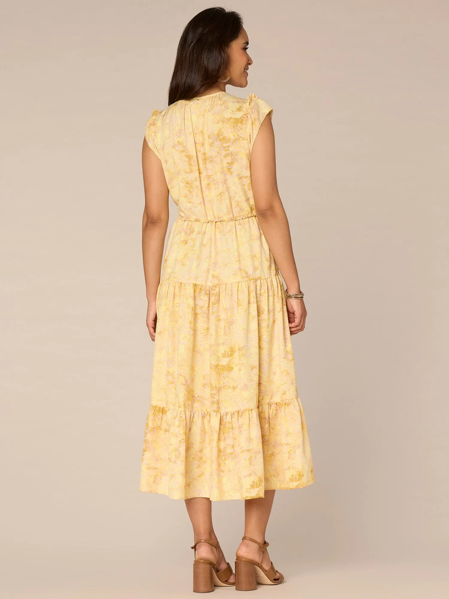 Ruffle Cap Sleeve Round Neck Elastic Waist Abstract Print Woven Dress,Women Clothing
