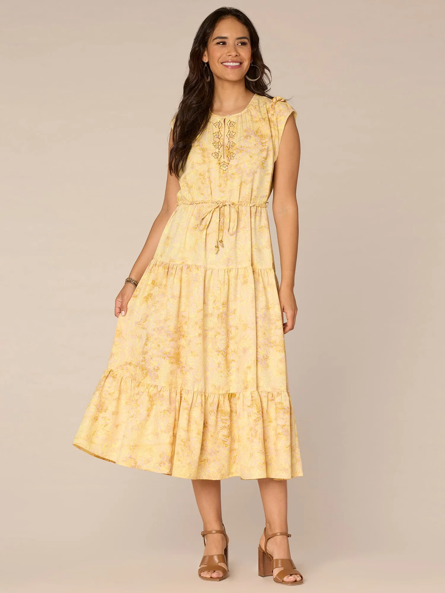 Ruffle Cap Sleeve Round Neck Elastic Waist Abstract Print Woven Dress,Women Clothing