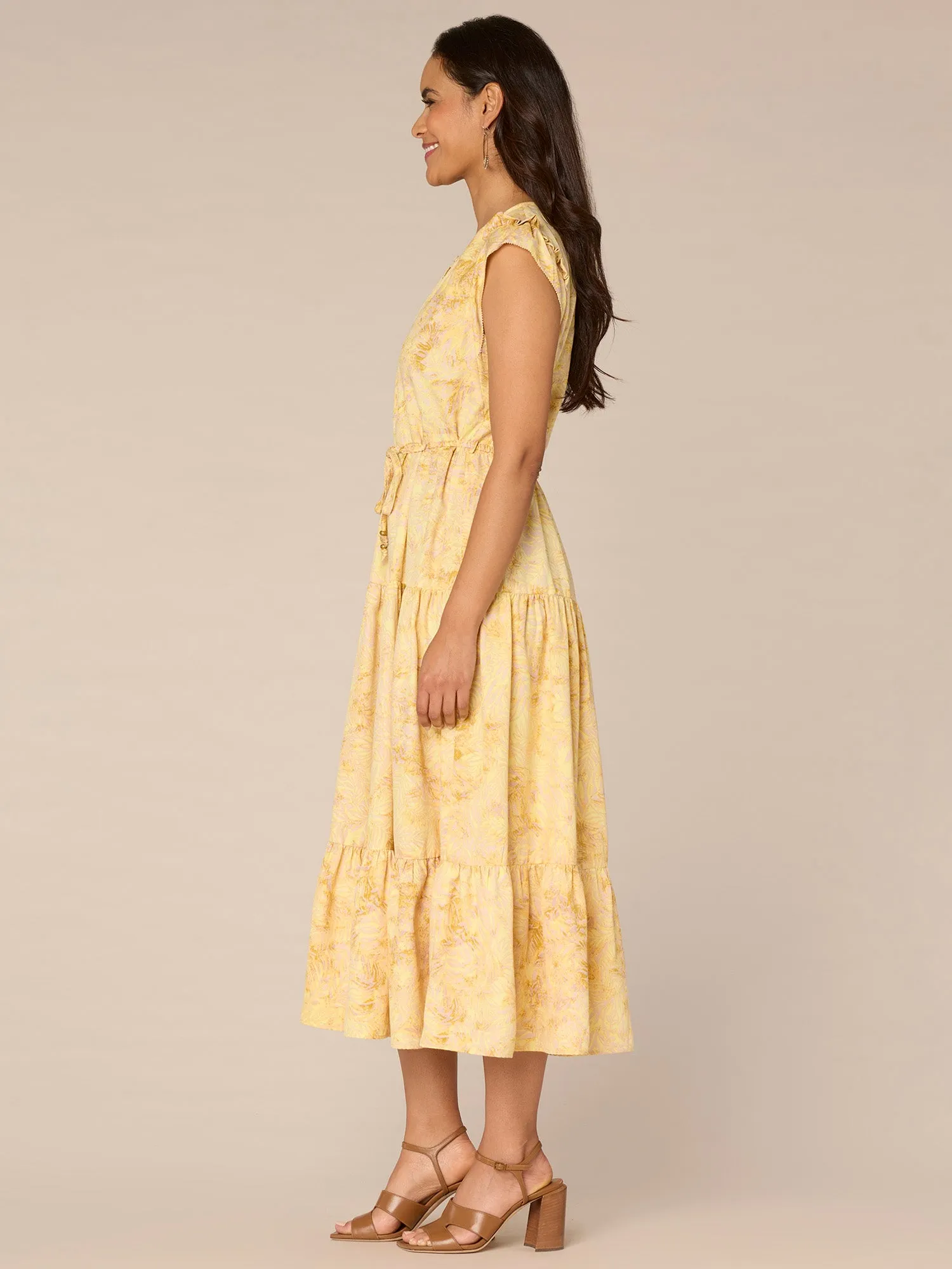 Ruffle Cap Sleeve Round Neck Elastic Waist Abstract Print Woven Dress,Women Clothing