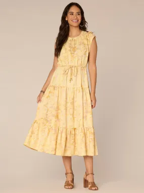 Ruffle Cap Sleeve Round Neck Elastic Waist Abstract Print Woven Dress,Women Clothing
