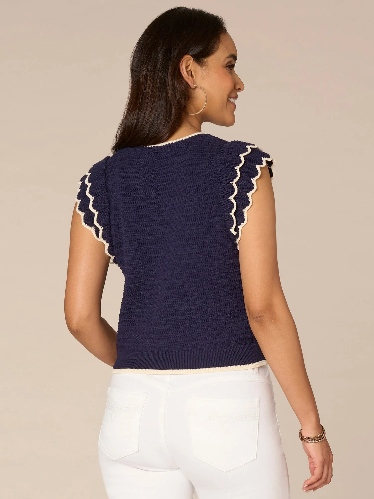 Short Double Scallop Sleeve Round Neck Contrast Tipping Sweater Top,Women Clothing