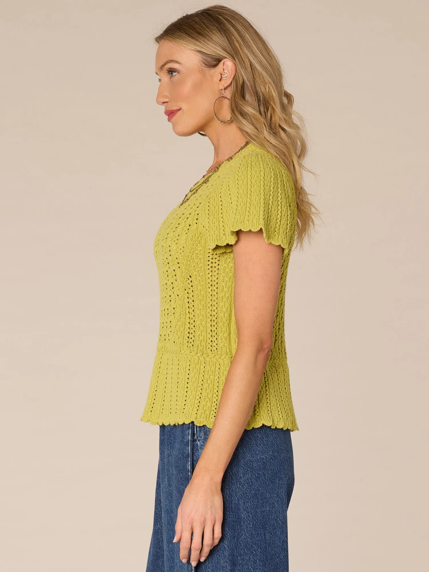 Short Flounce Sleeve Round Neck Peplum Crochet Sweater,Women Clothing