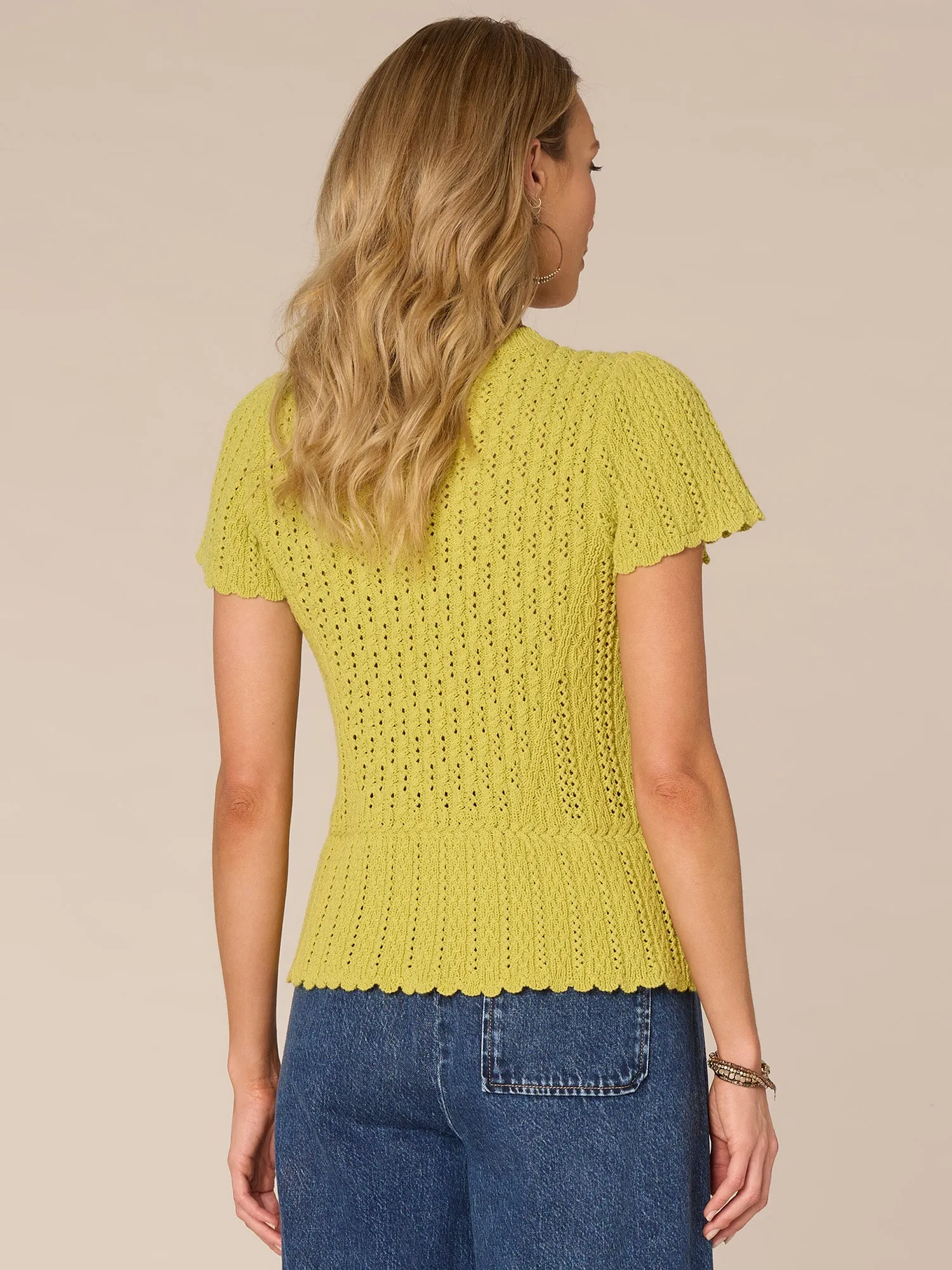 Short Flounce Sleeve Round Neck Peplum Crochet Sweater,Women Clothing