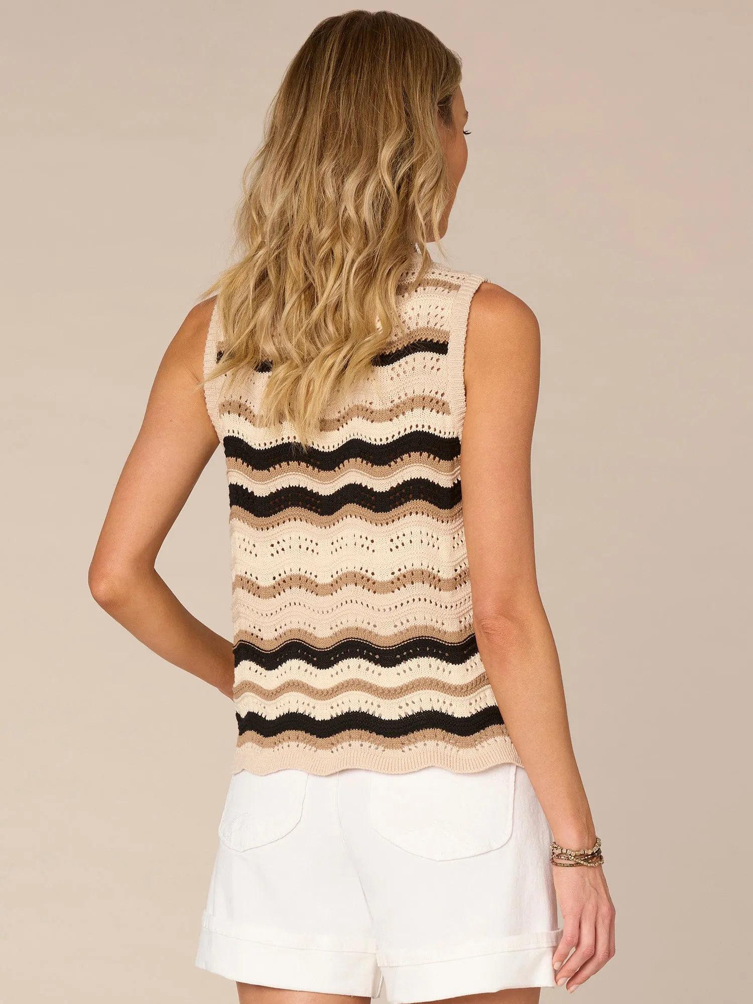 Sleeveless Round Neck Scallop Hem Wavy Stripe Stitch Sweater Tank Top,Women Clothing