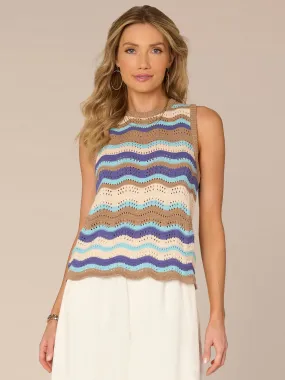 Sleeveless Round Neck Scallop Hem Wavy Stripe Stitch Sweater Tank Top,Women Clothing