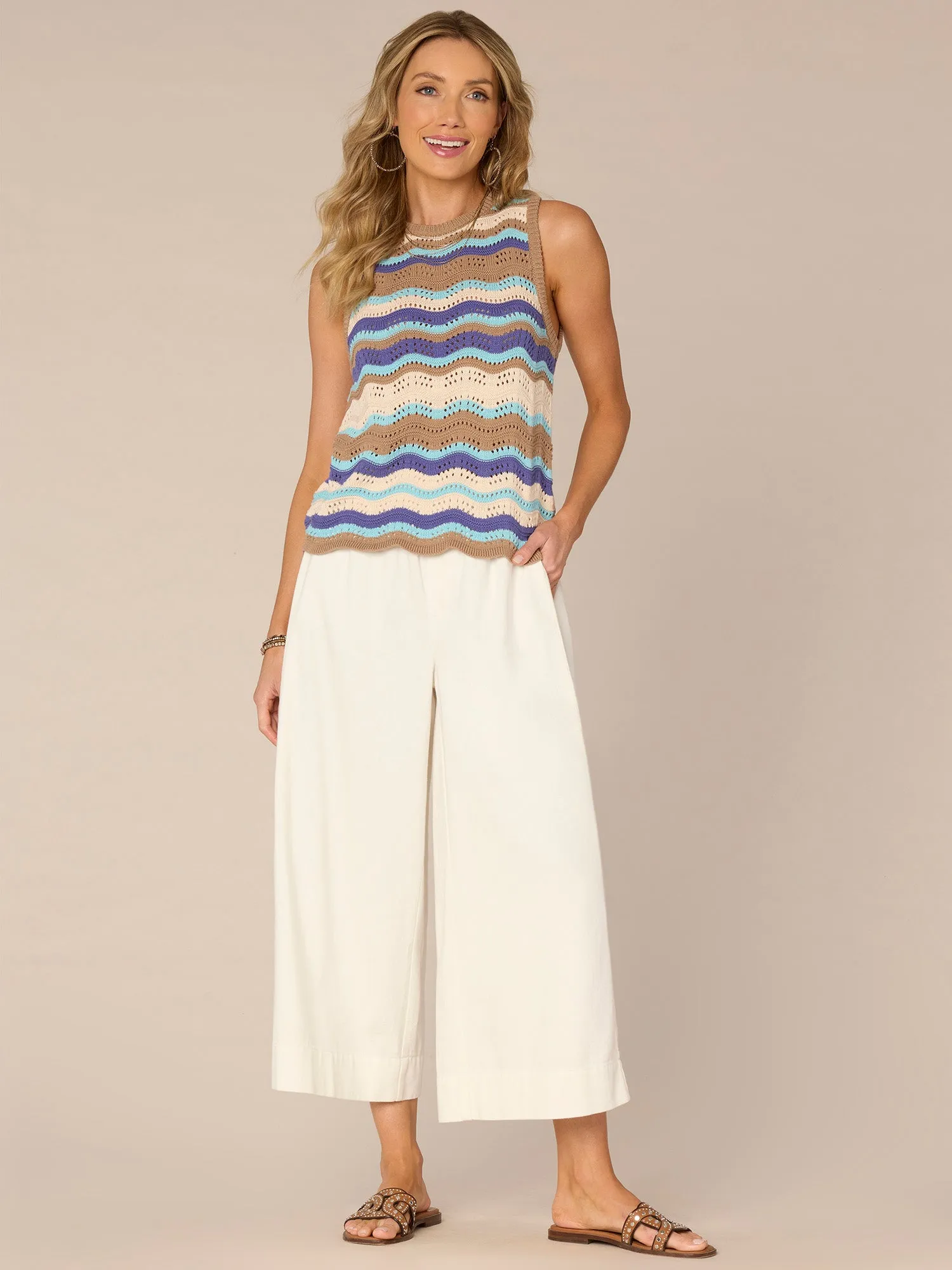 Sleeveless Round Neck Scallop Hem Wavy Stripe Stitch Sweater Tank Top,Women Clothing