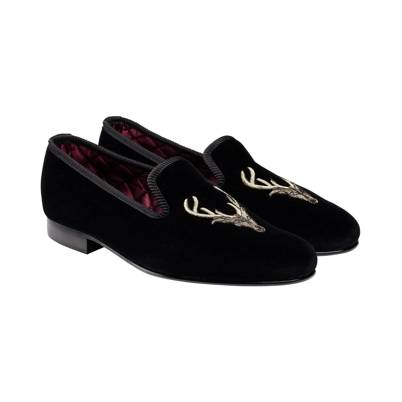 Stags Head Black Velvet,Men Slippers
