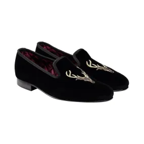 Stags Head Black Velvet,Men Slippers