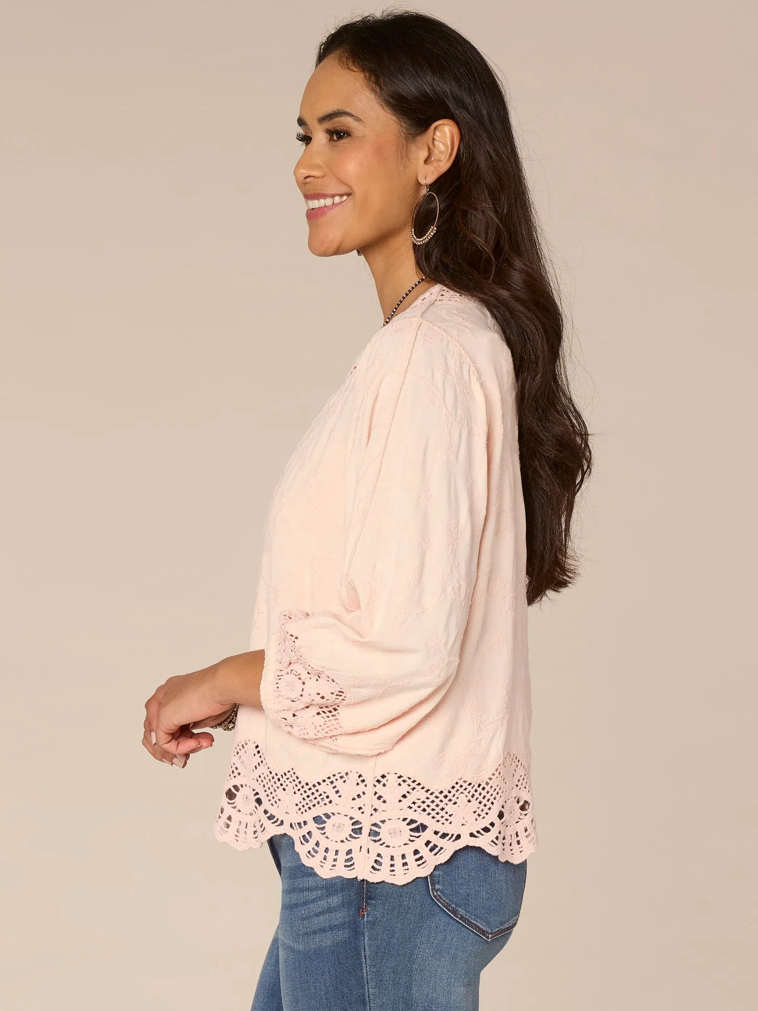 Three Quarter Blouson Sleeve Open Front Crochet Cropped Woven Jacket,Women Clothing