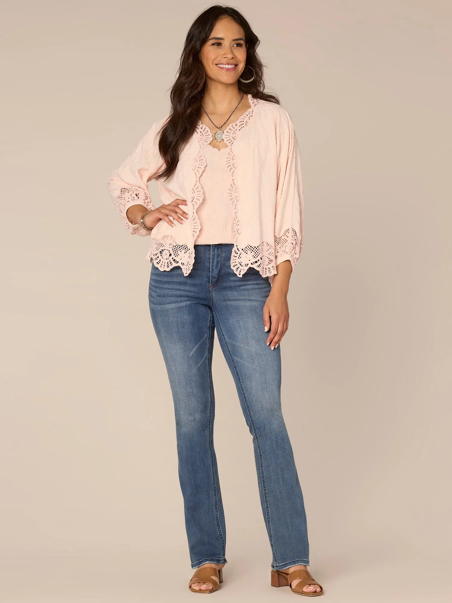 Three Quarter Blouson Sleeve Open Front Crochet Cropped Woven Jacket,Women Clothing