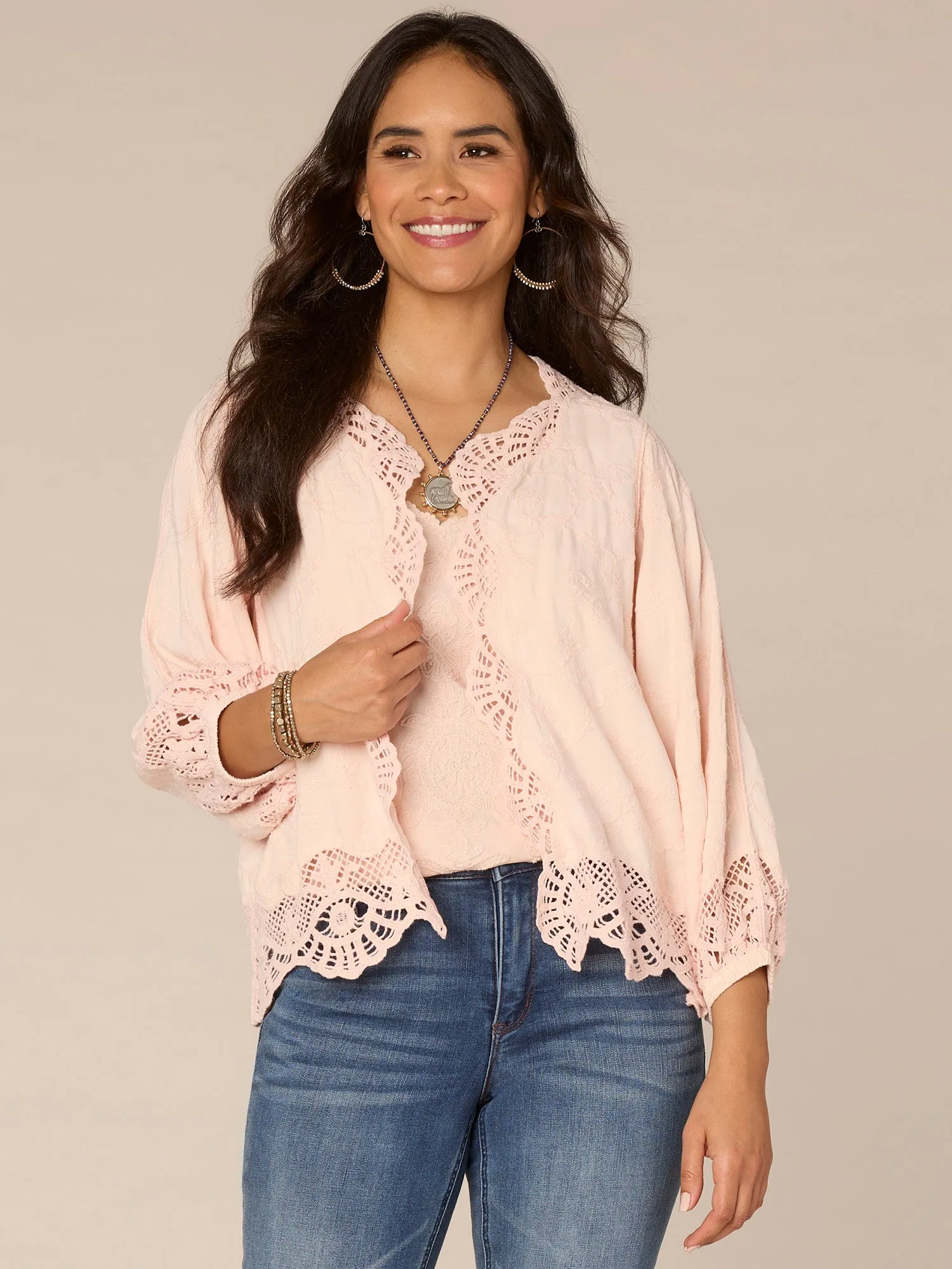Three Quarter Blouson Sleeve Open Front Crochet Cropped Woven Jacket,Women Clothing