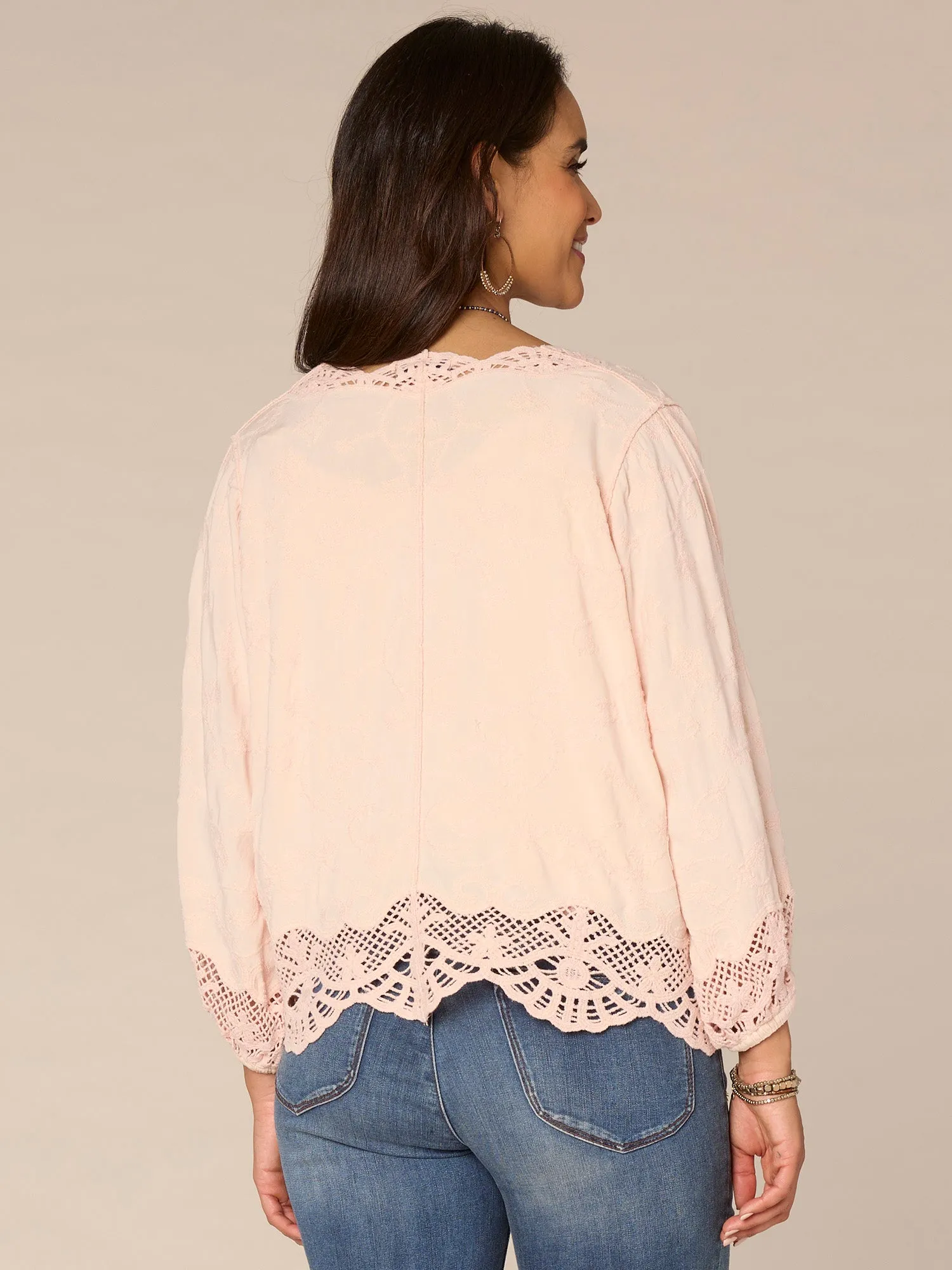 Three Quarter Blouson Sleeve Open Front Crochet Cropped Woven Jacket,Women Clothing