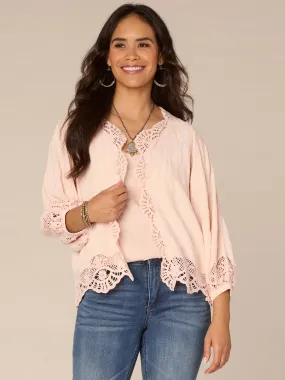 Three Quarter Blouson Sleeve Open Front Crochet Cropped Woven Jacket,Women Clothing