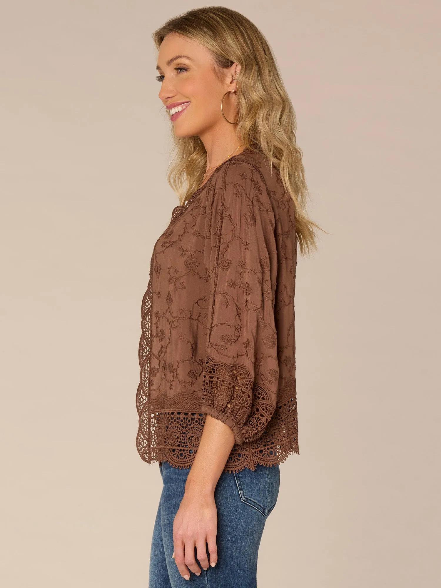 Three Quarter Blouson Sleeve Open Front Cropped Woven Jacket,Women Clothing