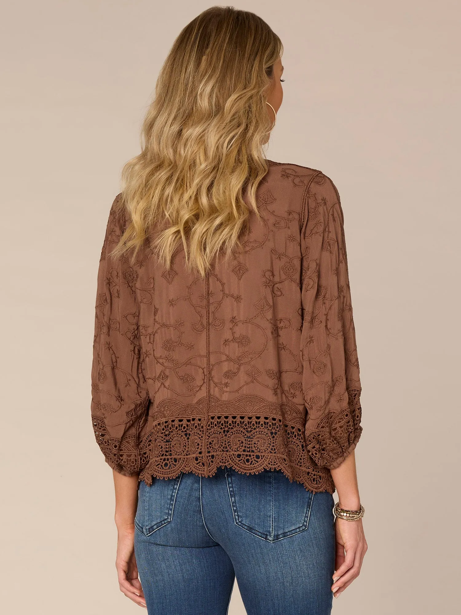 Three Quarter Blouson Sleeve Open Front Cropped Woven Jacket,Women Clothing